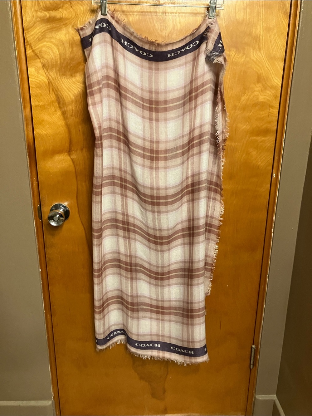 COACH.  Plaid Fringe Scarf in Mauve and Cream. Square Scarf. EUC